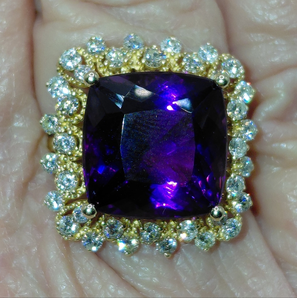 Amethyst Halo Style Ring 7.3 Ct Center Stone With 1 Ct Diamonds 14ct Gld Sz 6.75 - Picture 2 of 11